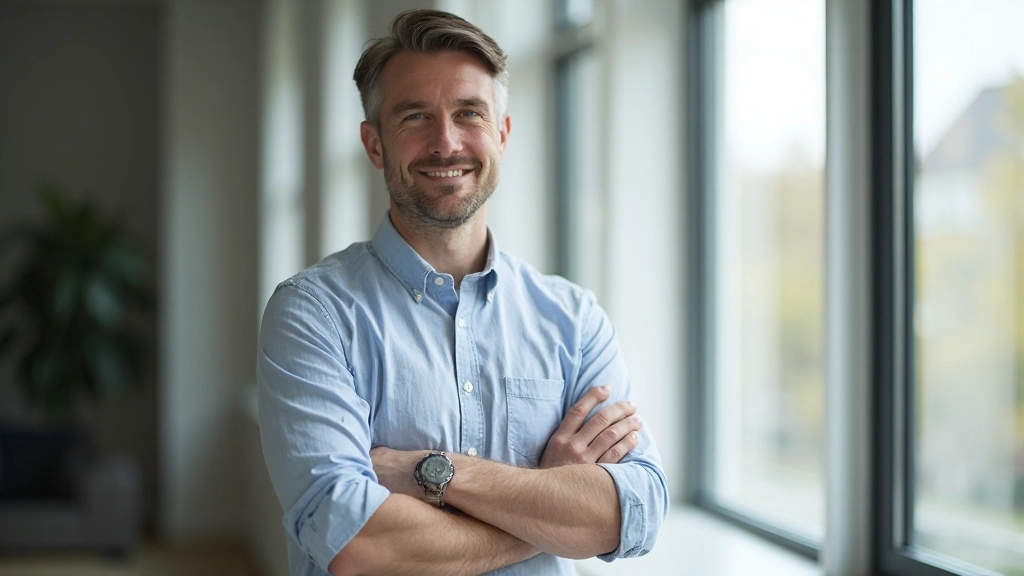Man staand voor groot raam in licht kantoor, armen gekruist zelfverzekerd, zakelijke casual kleding