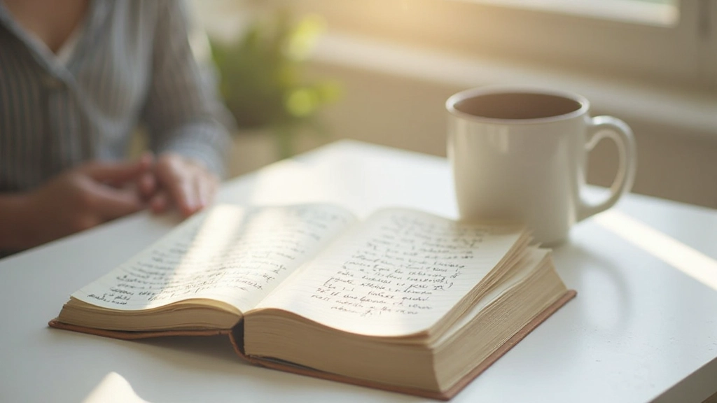 Open dagboek op tafel met handgeschreven notities, koffiekopje en raam op achtergrond, ochtendlicht