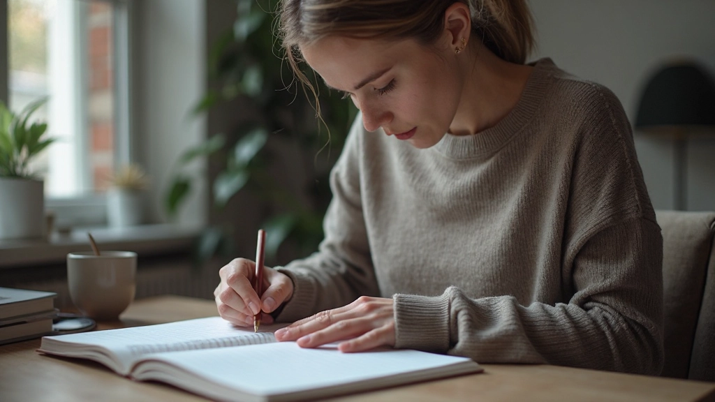 Persoon schrijft waarden op notitieblok met potlood in rustige werkplek, concentratie en reflectie