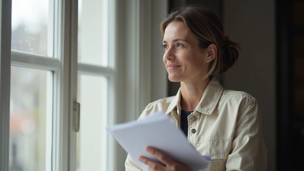 Persoon houdt geschreven notitie met waarden vast, blik gericht op toekomst, zonnig venster op achtergrond