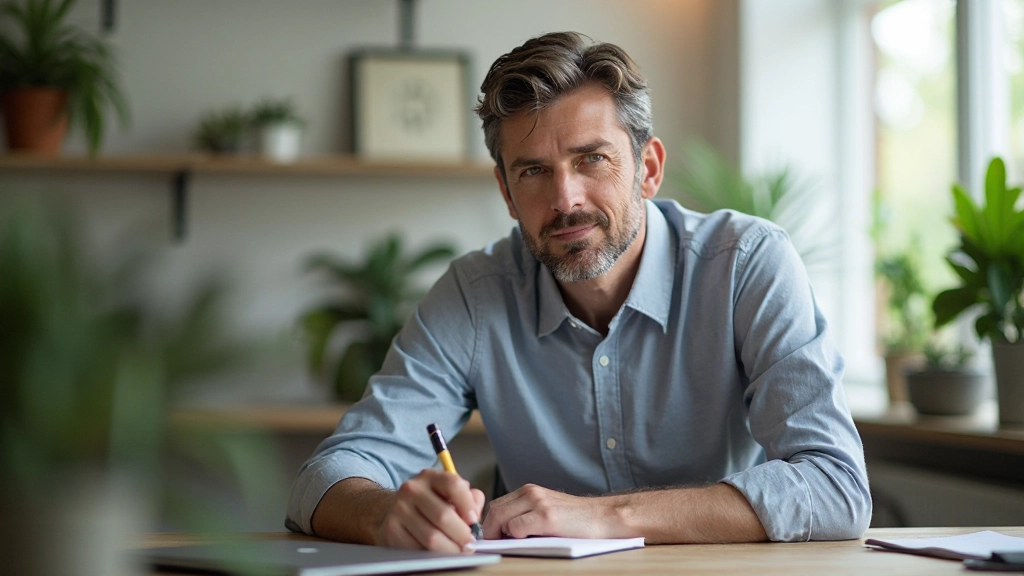Persoon schrijft in notitieboek aan bureau met planten en minimalistisch design, concentratie en clariteit