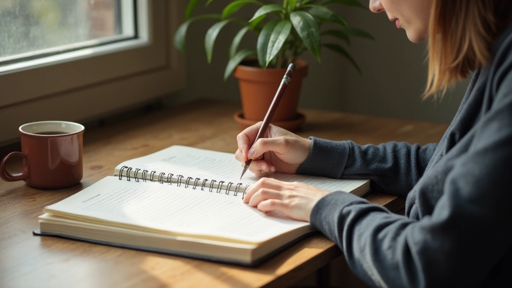 Persoon aan bureau met open notitieboek, handschrift zichtbaar, koffiekopje, ochtendlicht door raam, reflectief moment