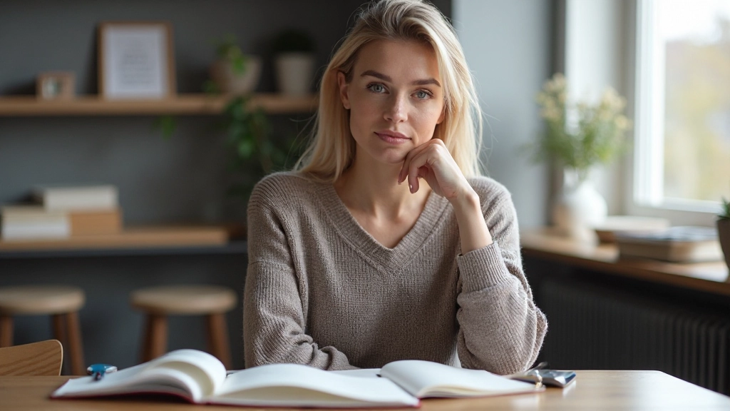 Vrouw zittend aan houten bureau met notitieboek en pen, natuurlijk licht van raam, denkend moment, minimalistisch werkruimte